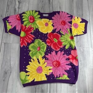 Vintage Hand Knit Sweater XL Purple Floral Y2K Short Sleeves MARISA CHRISTINA